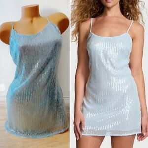 Victoria’s Secret Sequin Mini Slip Dress Light Blue & Cheeky Pantie 2 Pieces M